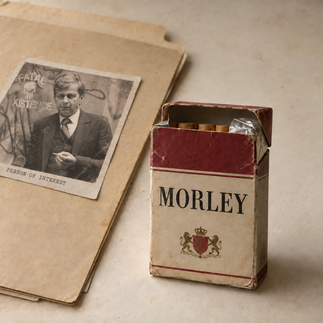 A worn Morley cigarette pack beside a faded surveillance photograph of the Cigarette Smoking Man marked Person of Interest