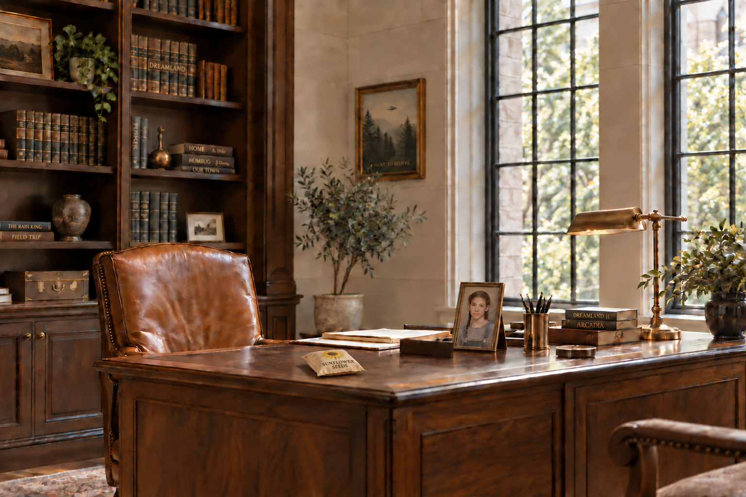 A sunlit law office with episode-inspired books, a flying-saucer print, and a small bag of sunflower seeds beside Fox’s paperwork
